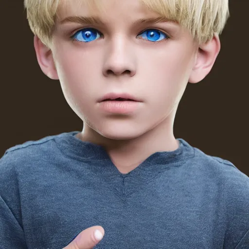 Image similar to portrait of a boy with his hand on his face, extremely realistic and real, photorealistic, blonde hair and blue eyes, detailed facial structure, real eyes that are detailed, real hands