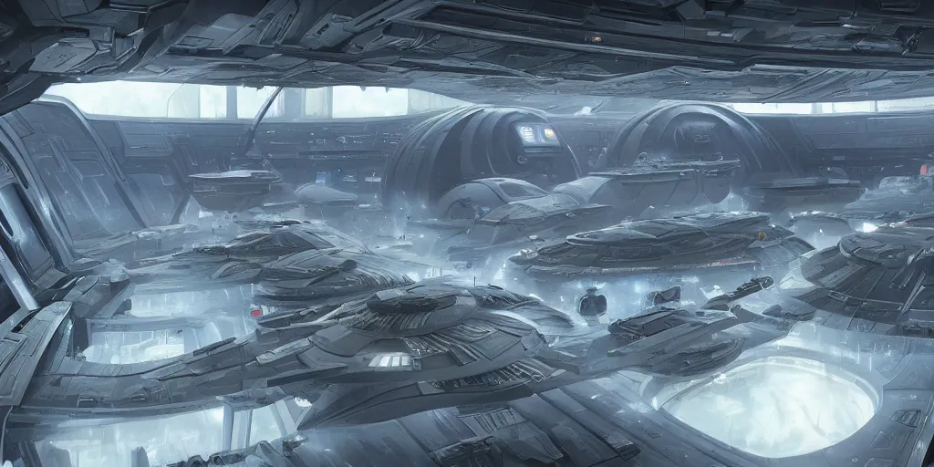 Image similar to one thousand aligned cryogenic pods, spaceship hangar, symmetrical, sci-fi, cryogenic pods, many cryogenic pods, interior, fantasy, 4k, wide shot, matte painting, oil painting, concept art, art station, star wars style