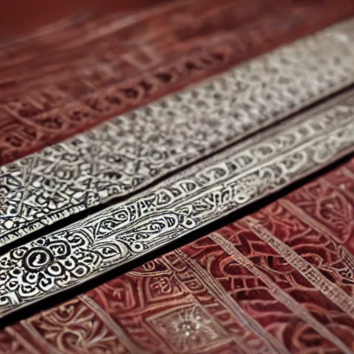 Prompt: a medieval indian word engraved with an intricate geometric pattern of mandalas on the blade and handle, photo, hyperdetailed, museum, studio lighting