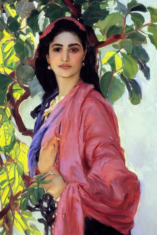 Prompt: portrait of persian girl with arabesque scarf near bougainvillea and palms, painting by john singer sargent