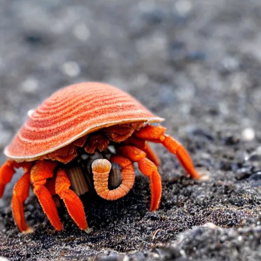 Image similar to Detailed 4k photo of a Hermit crab sporting a curly mustache, on the beach, afternoon