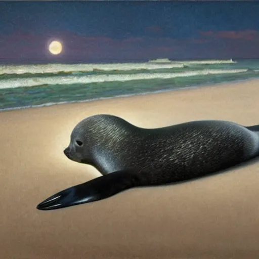 Prompt: a realistic oil painting of a selkie seal on the beach, at night with a sky full of stars, highly detailed, trending on artstation, by james gurney and michael whelan and krenz cushart and alphonse mucha