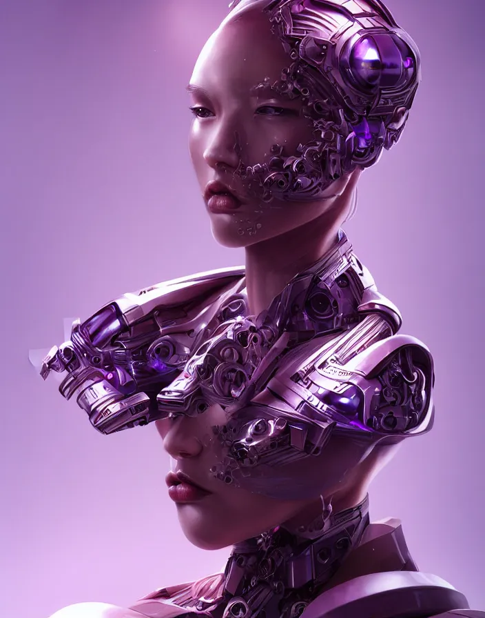 Image similar to beautiful portrait of friendly attractive alien cyborg, style of Feng Zhu, Artstation geometric, aesthetic, smooth skin, unique features, symmetrical, intricate crown, high fashion, streetwear, cyberpunk, detailed, octane render, cinematic, 8k, purple skin, brown skin