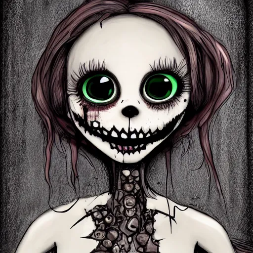 Image similar to grunge drawing of a cartoon furry creature with big bloody eyes and a wide smile by mrrevenge, corpse bride style, horror themed, detailed, elegant, intricate