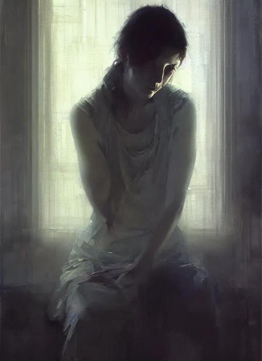 Image similar to a portrait of a sad woman inside a modern apartment, intricate oil painting, hyperdetailed, ethereal, cinematic, dramatic lighting, by jeremy mann and ruan jia and ilya kuvshinov