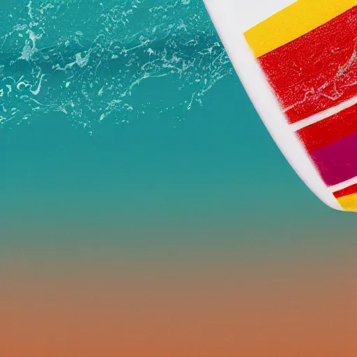 Prompt: Toes of a surfer hanging ten on the edge of a colorful striped surfboard with turquoise waves , cinematic, hyper realism, high detail, octane render, 8k“