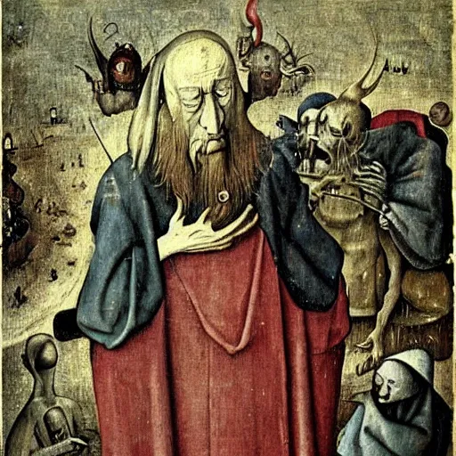 Prompt: portrait of an old frail ominous wise wizard man wearing an ancient robe, surrounded by demons art by hieronymus bosch