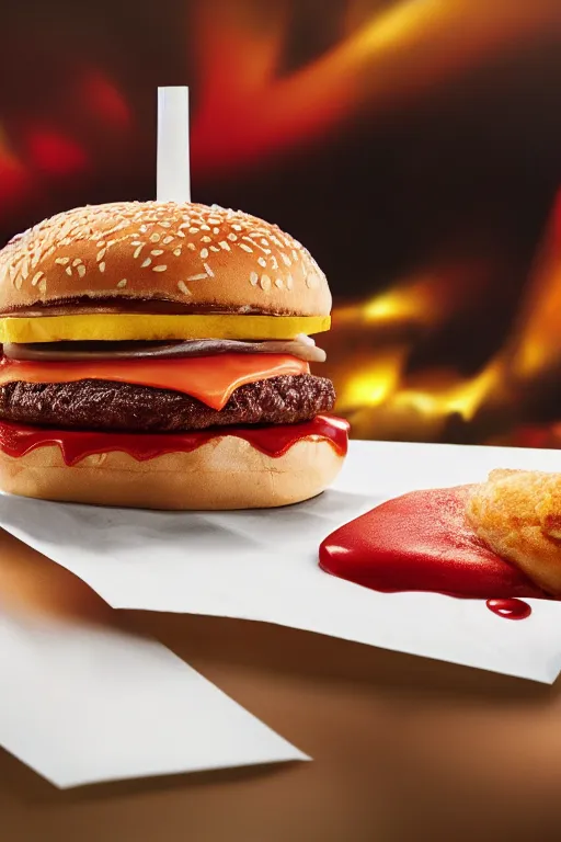 Image similar to mcdonalds hamburger covered in blood with a bite taken out, commercial photography