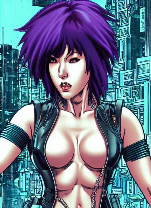 Image similar to motoko kusanagi in grungy cyberpunk megacity, intricate and finely detailed, cyberpunk vaporwave, portrait by j scott campbell, phil jimenez, ilya kuvshinov