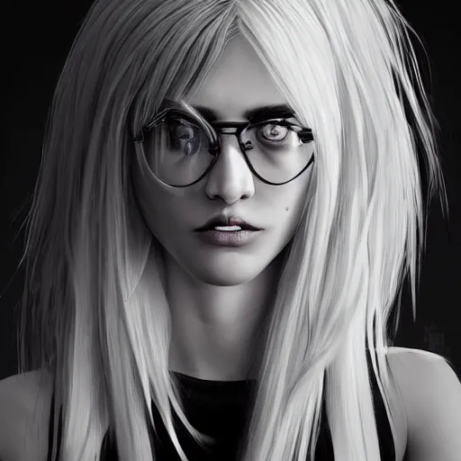 Image similar to epic professional digital art of a young woman with black and white hair looking disgusted away from the camera, Punk, best on artstation, cgsociety, wlop, Behance, pixiv, cosmic, stunning, gorgeous, much detail, much wow, masterpiece