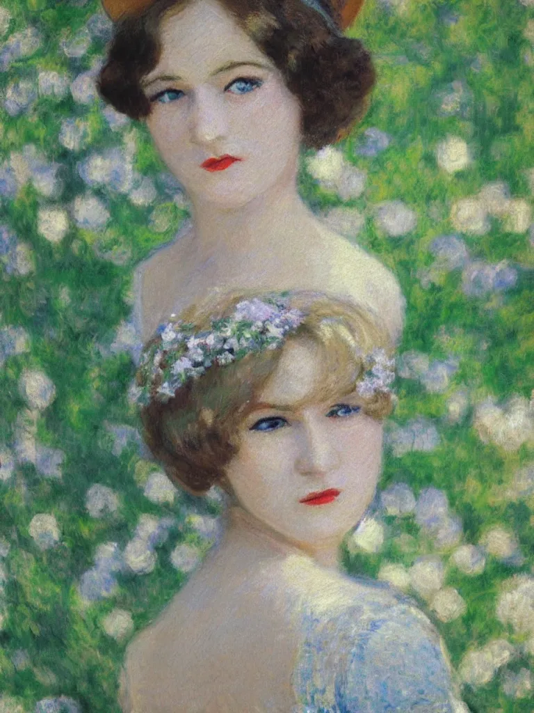 Image similar to portrait of < zelda fitzgerald > as a beautiful young lady wearing 1 9 2 0 s fashion, blurry face, brown hair, slim, fair, severe out of focus, depth of field, pleinairism, in the sun, backlit, closeup, oil on canvas, atr by monet, in the style of le promenade, smooth, impressionnisme, 8 k