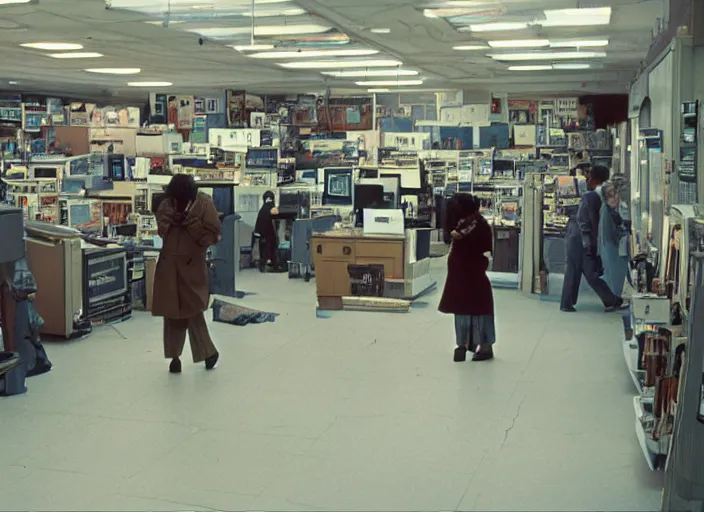 Image similar to cinematic wide shot of backlit windows of a narrow used electronics store, octavia spencer wanders the messy aisles, keyboards, iconic scene from the paranoid thriller sci fi film directed by stanley kubrick, anamorphic cinematography, beautiful composition, color theory, leading lines, photorealistic, volumetric lighting