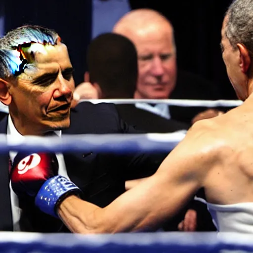 Image similar to obama boxing joe biden, photo, mid fight, intense