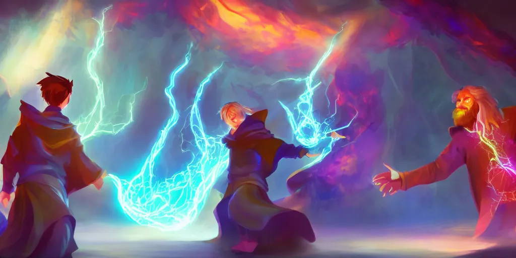 Image similar to a mage and his brother they are in front of the desk working on a new spell that is casting out flowing energy, colorful, flowing energy, light rays, consistent face, medium shot, waist up, sharp, concept art, highly detailed, bloom, dramatic lighting, cinematic