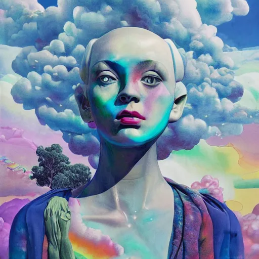 Image similar to surreal gouache painting, clouds, vaporwave marble statue, ruan jia, conrad roset, bubbles, orbs, incredibly detailed, floating molecules and a mannequin artist holding an icosahedron with stars, clouds, and rainbows in the background, retrowave, modular patterned mechanical costume headpiece, masterpiece, intricate, elegant