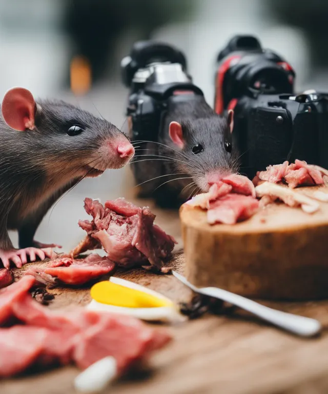 Image similar to high quality presentation photo of vicious anthropomorphic rats eating meat, photography 4k f1.8 anamorphic bokeh 4k Canon Nikon