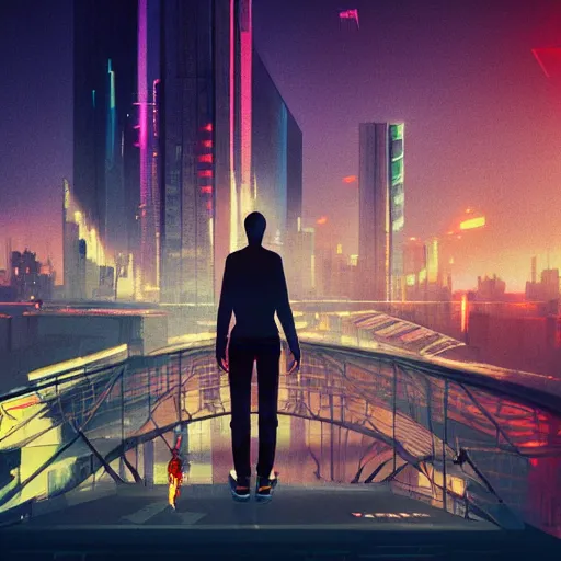 Image similar to a man standing on top of a bridge over a city, cyberpunk art by Vincent Lefevre, behance contest winner, altermodern, cityscape, synthwave, matte painting