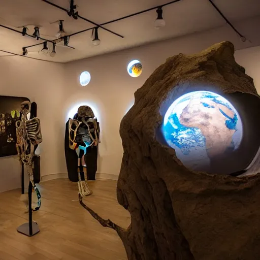 Image similar to a human skeleton museum exhibit in an alien spaceship with a window showing a dead planet Earth in the background