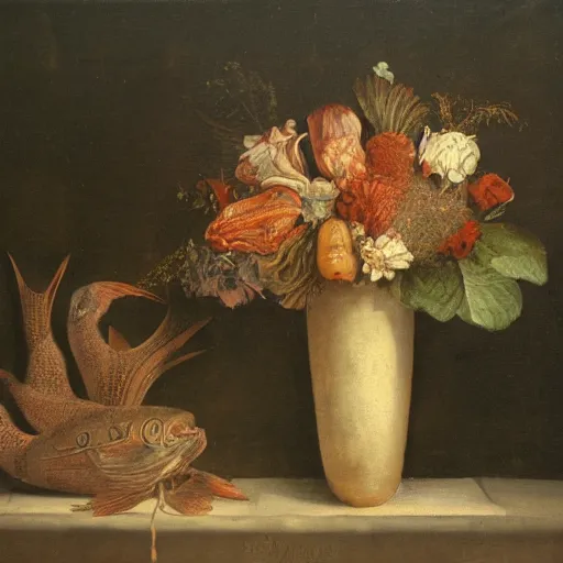 Prompt: a still life of a vase filled with dead fishes, oil painting