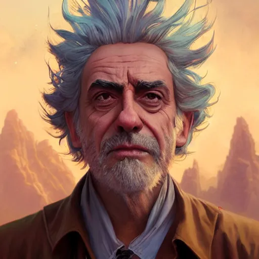 Prompt: Rick Sanchez, artists portrait, fantasy, highly detailed, digital painting, concept art, sharp focus, depth of field blur, illustration, art by artgerm and greg rutkowski and alphonse mucha