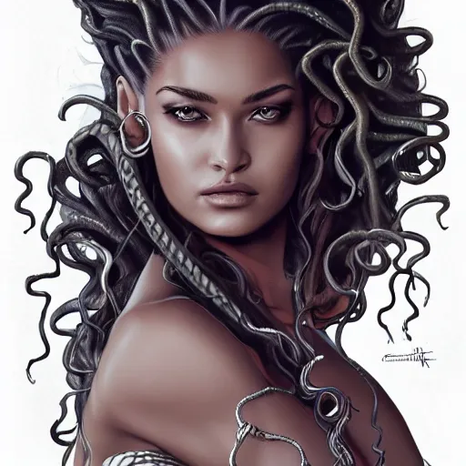 Image similar to Shanina Shaik as Medusa, snakes for hair, highly detailed, digital painting, artstation, concept art, smooth, sharp focus, illustration, art by Chris Achilleos, in the style of Medusa (1988) by Chris Achilleos.