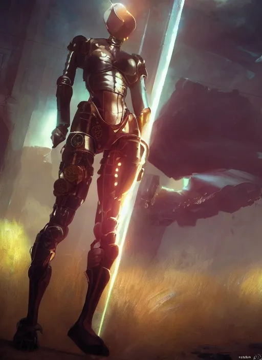 Image similar to hyper realistic photo of cyborg knight girl, full body, rule of thirds, saturated colors, cinematic, greg rutkowski, brom, james gurney, mignola, craig mullins, brian froud juan gimenez, moebius