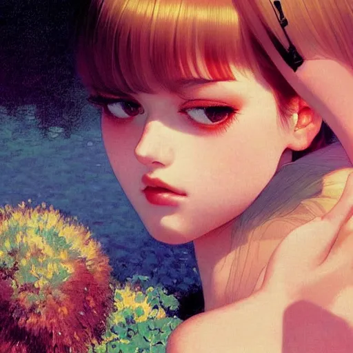 Image similar to beautiful photography, youth teen miserable loner girl, focus close on detesting eyes, soft skin, seventies giallo film by ilya kuvshinov monet range murata artgerm katsuhiro otomo norman rockwell, highly detailed intricately sharp focus, bedroom eyes trending on pinterest vogue italia 3 5 mm, 4 k uhd image