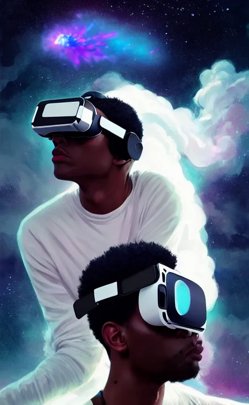 Prompt: handsome black genius hacking the metaverse, vr headset, white t - shirt and jordans, flying through spacetime, exploding nebulae, highly detailed, digital painting, artstation, concept art, smooth, sharp focus, illustration, art by wlop, uang guangjian and gil elvgren and sachin teng and greg rutkowski