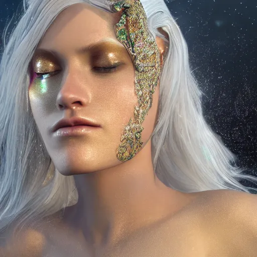 Image similar to beautiful pragmatic face, crystal, platinum, gold, biomechanoid with incredible iridescent pearlescent voluminous fiberoptic hair, crystalline masterpiece implants, hyperdetailed face, elegant pose, movie still, intricate, octane render, cinematic forest lighting, unreal engine, dieselpunk setting, crepuscular rays, god rays.