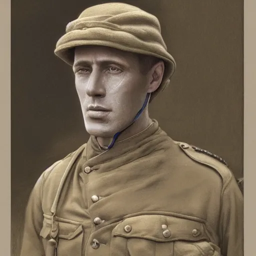 Image similar to a detailed photorealistic sepia - toned color portrait painting of a 1 9 1 7 worried clean - shaven british lieutenant in detailed field gear wearing a finely - detailed pith helmet in wadi rum, ultra realistic, intricate details, lovecraft, atmospheric, dark, horror, brooding, highly detailed, by clyde caldwell