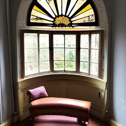 Prompt: a art nouveau bedroom with a circular window and the sun entering from the background