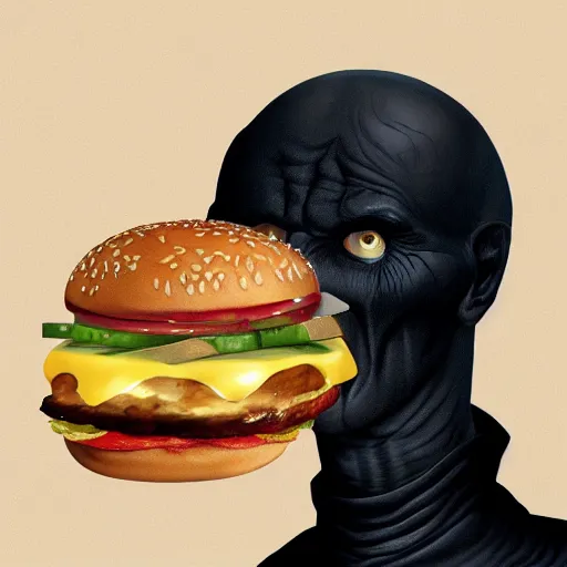 Image similar to Lord Voldemort eating a cheeseburger, photo realistic, award-winning, highly-detailed, epic, cinematic, dramatic