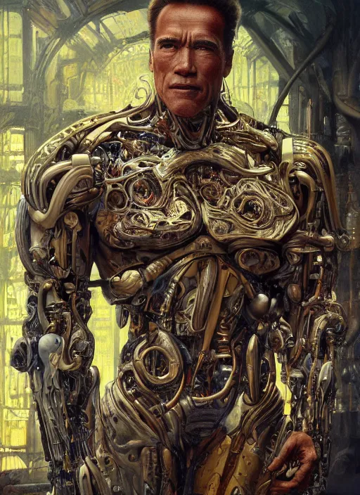 Image similar to arnold schwarzenegger as a organic cyborg, diffuse lighting, fantasy, intricate, elegant, highly detailed, lifelike, photorealistic, digital painting, artstation, illustration, concept art, smooth, sharp focus, art by john collier and albert aublet and krenz cushart and artem demura and alphonse mucha