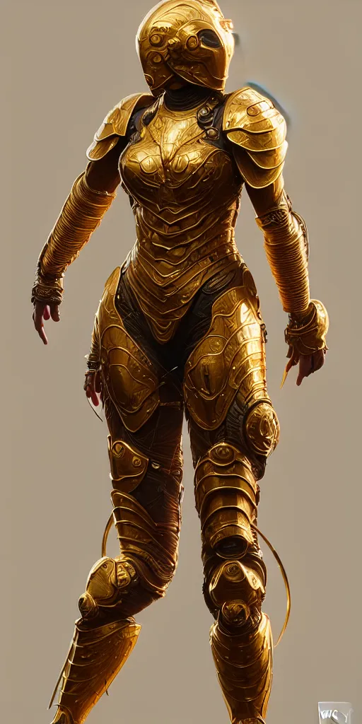 Prompt: hyper realistic and highly detailed of a woman golden armor, greg rutkowski, zabrocki, karlkka, jayison devadas, intricate, trending on artstation, 8 k, unreal engine 5, pincushion lens effect