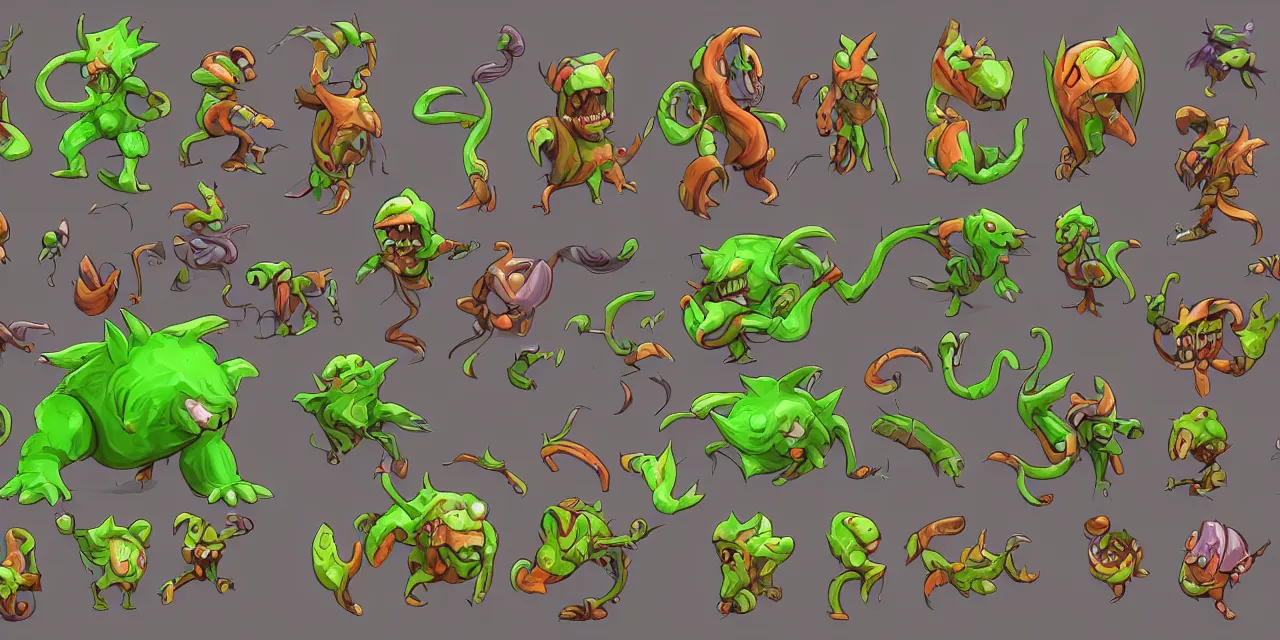 Prompt: game asset sheet, material study, 2 d sprite, monsters and enemies, vibrant colors