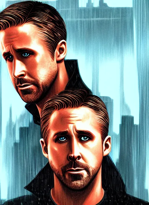 Prompt: ryan gosling in blade runner 2 0 4 9 portrait illustrated by rossdraws, vivid colors, soft lighting, digital artwork 4 k, best of artstation