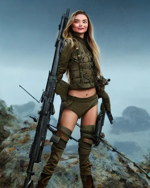 Image similar to miranda kerr with long blonde hair versus long barreled 9 0 sniper rifle : : weta disney pixar movie fullbody still photo : : hi - fructose, sci fi decadent highly - detailed digital painting, golden ratio, octane render, artstation, smooth, sharp focus, artgerm, mucha, loish, wlop : :