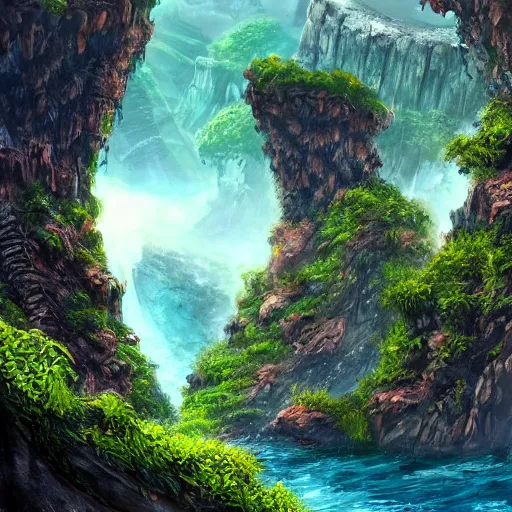 Image similar to epic concept art of a lush natural scene on an alien planet. very detailed. beautiful landscape. weird vegetation. cliffs and water. featured on deviantart.