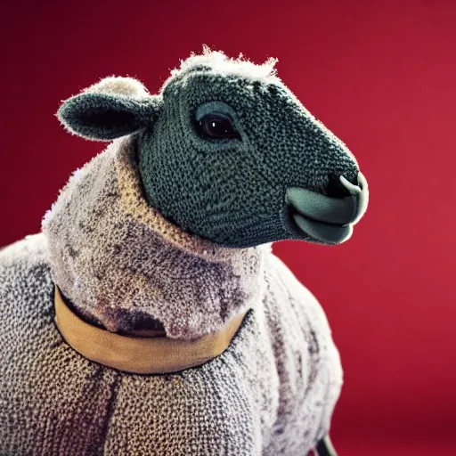 Prompt: bipedal lamb wearing a sweater, portrait photo, movie still,