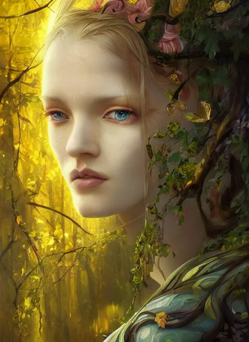 Image similar to intricate oil painting portrait by Anna Dittmann depicting a stunning female fantasy cleric in a bright temple surrounded by yellow spring forest and dead trees, evening, atmospheric lighting, intricate detail, cgsociety, hyperrealistic, octane render, RPG portrait, ambient light, dynamic lighting