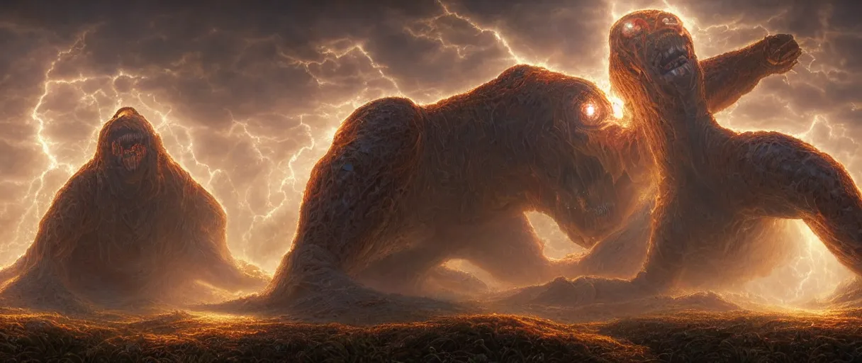 Prompt: A terrifying giant monster made of honey, beautiful atmosphere, god rays, masterpiece digital painting by Alex Grey, Greg Rutkowski, 4k wallpaper