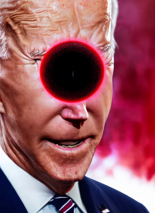 Image similar to hyper realistic ultra realistic eleventh dimensional photo furious glowing red eyes biden, high quality photo, detailed , 8k