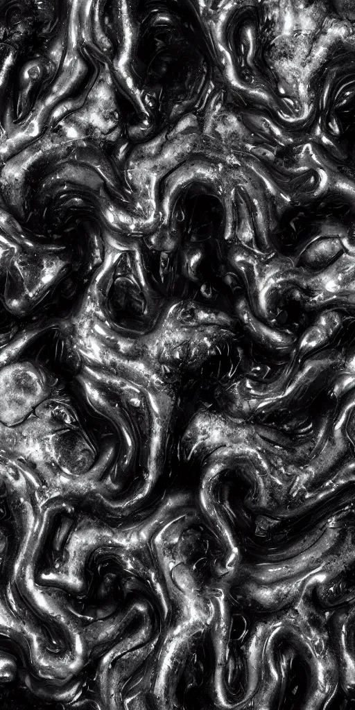 Prompt: a photorealistic render of a neotribal melted chrometype on a black background, greyscale, made of melted plastic and marble, maya, by zhelong xu and ernst haeckel, wide angle, hyper realistic, volumetric lightning, octane render