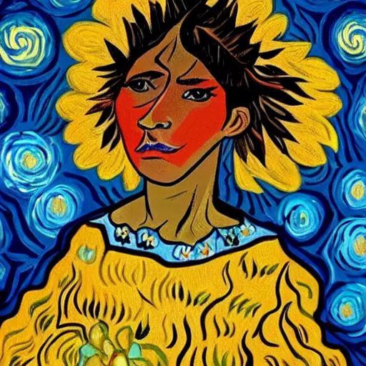 Prompt: beautiful dark skinned mexican woman, dancing in a field of flowers, prominent rosy cheek bones, black hair and brown eyes, van gogh art style,