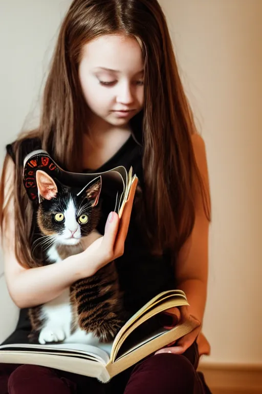 Prompt: photo of very cute and bright girl, her cat and her book of necronomicon, symmetrical, cinematic, real dlsr photography, sharp focus, 4 k, ultra hd, sense of awe, sinister demonic atmosphere, dreadful, horror journal cover