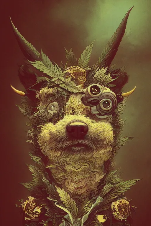 Image similar to a portrait of a japanese devil cannabis dog animal illustrated by miyazaki by karol bak, james jean, tom bagshaw, rococo, sharp focus, trending on artstation, cinematic lighting, hyper realism, octane render, 8 k, hyper detailed, vivid, ultra detailed, highly detailed