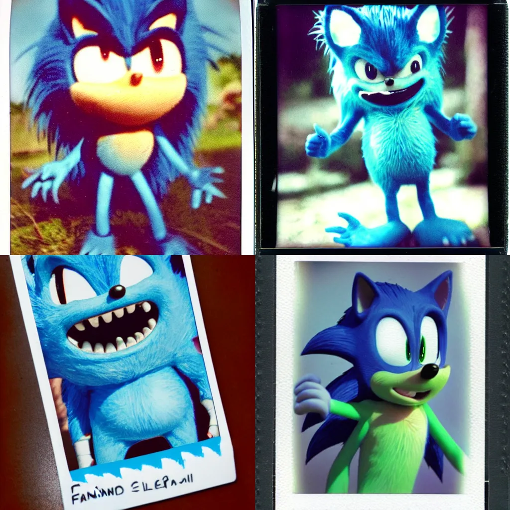 Prompt: instax polaroid film still of a sonic the hedgehog blue swamp creature with fangs and claws, faded glow, creepypasta