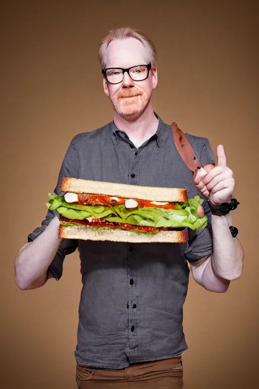 Image similar to 📷 portrait of adam savage the sandwich, made of food, still image, dynamic lighting, 4 k