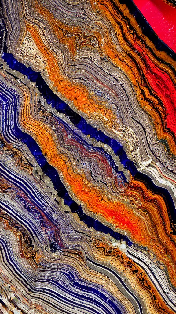 Image similar to macro photography, vivid color, folded, tessellated planes and shelves of rock, alien sedimentary crystal formations, quartzite, igneous rock, marbled veins, 3D!!! diorama!!!!!!, depth of field patina of inlaid circuitry, layers of strata, mineral grains, dramatic lighting, rock texture, sand by James jean, geology, octane render in the style of Luis García Mozos