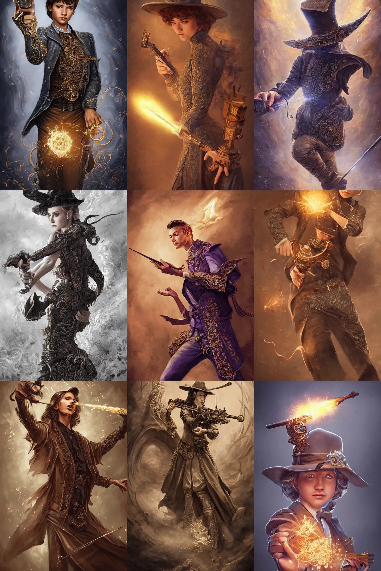 Prompt: young magician casting a spell, aiming a pair of antique revolvers, firing rapid-fire, fantasy, intricate, elegant, highly detailed, digital painting, artstation, concept art, smooth, sharp focus, illustration, art masterpiece by ArtGerm, Jon Lothian, Danilo Torres, Adi Meyers, Thomas Reimann, Christoph Wohlgemuth